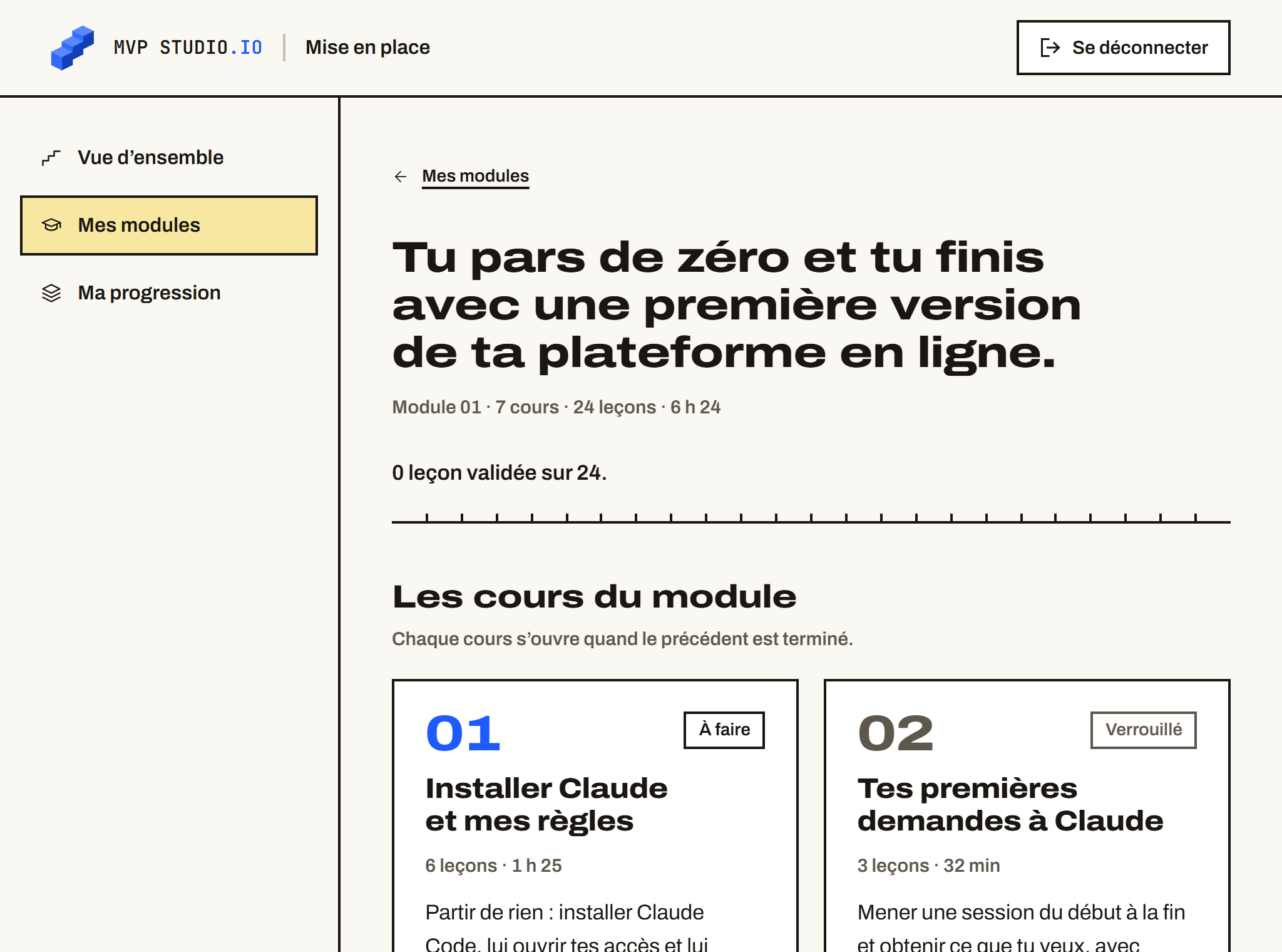 L'espace membre de la méthode, sur la page du module «&nbsp;Mise en place&nbsp;»&nbsp;: 7&nbsp;étapes, 24&nbsp;leçons, en commençant par «&nbsp;Installer Claude et mes règles&nbsp;».